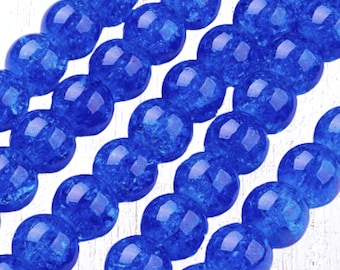 75 pcs crackle glass beads in royal blue, 10 mm, 1.4 mm hole, round sparkly beads