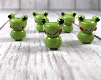 Glass frog beads lampwork beads, green frog beads for jewelry making, lampwork animal beads, unique beads for crafts, DIY frog gifts 5 pcs