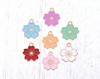 Sakura flower charms, 10 pcs, 20x17mm alloy with enamel, cherry blossoms with golden finish for floral themed jewelry and crafts (L0319)