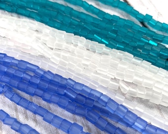 Sea glass style tube beads, approx. 450 pcs, 3-4 mm tiny frosted glass beads for crafting, small spacer beads for beachy jewelry (C0145)