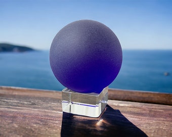 Blue sea glass ball, frosted glass orb on stand, tumbled seaglass, beach house decor, beach lover gift, glass anniversary gift for him, 50mm