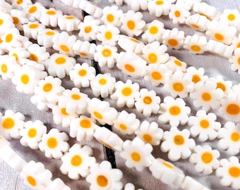 Glass daisy beads, 48 pcs, 6-8 mm white and yellow millefiori flower beads for jewelry, nature inspired flower-shaped beads (A0021/0025)