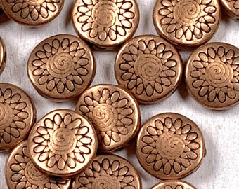 50 copper flat round beads with flower spiral design, 8.5mm alloy disc spacer beads for jewelry, boho spiral energy beads 1.5mm hole (L0306)