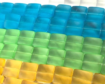 Sea glass frosted flat square beads 46 pcs, 12x12x5 mm cultured beach glass style beads, for beachy jewelry (C0148/0152/0156/0160)