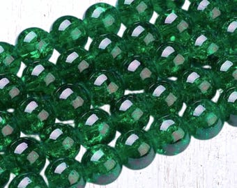 75 pcs crackle glass beads in deep emerald green, 10 mm, 1.4 mm hole, round sparkly beads