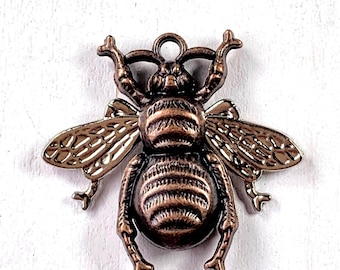 5 large bee pendants, copper and silver colored alloy bumble bee charms, 37.5x40mm 3D honey bee pendants for jewelry, bag charms, keychains