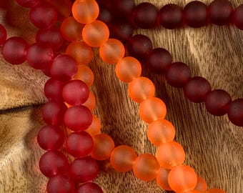 Frosted sea glass beads for jewelry, warm shades cultured sea glass, round recycled red, orange glass beads for necklaces, 10 mm, 80 beads