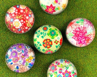 Flower magnets for fridge, springtime floral printed glass magnets in tin box, cheerful gift for teacher, coworker, Easter baskets, set of 6