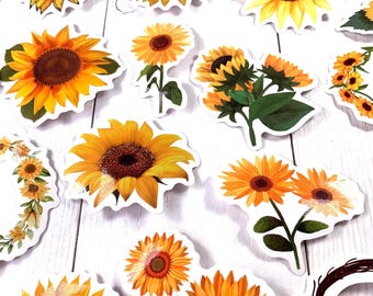 Sunflower sticker pack, 50 assorted waterproof PVC stickers, die cut country sunflowers, yellow flower stickers, junk journals, scrapbooking
