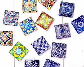 4 square glass tile magnets for fridge, 1.18" (30mm) Moroccon tile mandala style prints in random assortment, gift for coworker, teacher
