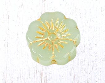 20 pcs glass hibiscus flower beads, light green with gold wash, 14mm boho floral beads for jewelry, Hawaiian flower (A0004)