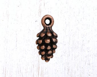 Mini pine cone charms, 20 pcs, antique copper 12.5x6 mm tiny charms with loop for woodland themed jewelry (L0306)