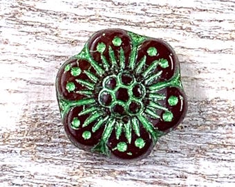 Czech glass brown with green wash flower beads, boho floral beads for jewelry, wild rose beads, anemone flower for crafts 13.5mm, 20 pc