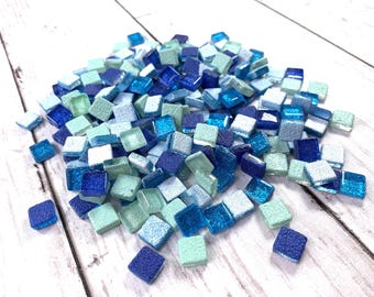 Square glitter glass mosaic tiles, approx. 210 pcs, 10x10 mm flat back glass cabs for Turkish lamps, mosaics, glass on glass art (B0075)