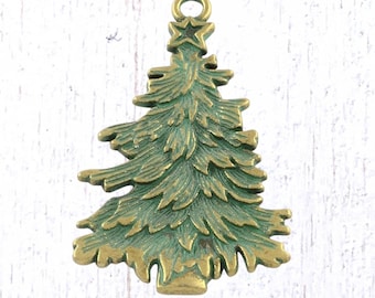 2 antique bronze pine tree pendants, 67.5x41.5 mm alloy oversized charms with patina for Christmas ornaments and crafts (G0225)