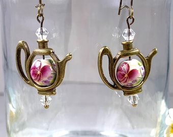 Teapot earrings w/ floral porcelain bead, Victorian tea party vintage-inspired dangle earrings, whimsical cottagecore tea lover gift for mom