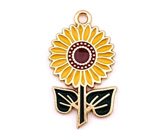 Sunflower charm, 10 pcs, 27.5x15.5mm alloy flower charm with enamel and golden finish, for summer garden theme jewelry and crafts