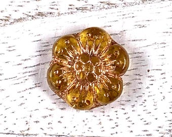 20 pcs Czech glass amber with copper wash flower beads, 13.5mm boho floral beads for jewelry, wild rose beads, anemone flower (A0062)