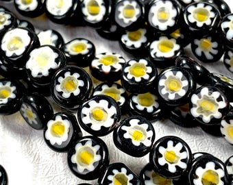 Millefiori glass daisy flat round flower beads, daisy jewelry making beads, black Murano glass with flowers, DIY earring making 6 mm, 60 pcs