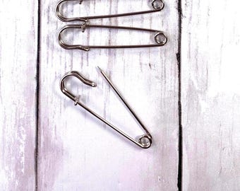 Set of 10 kilt pins, 70mm silver safety pins for crochet brooches, sewing, stitch counting charms, boutonnieres