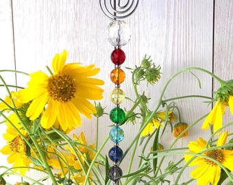 Set of 3 rainbow beaded plant stakes, 7 chakras crystal sun catcher for potted plants and vases, hand beaded plant accessory, great gift