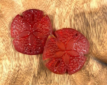 2 sand dollar sea glass style pendants, 39 mm glass charms for jewelry making, beachy crafts, red or gold, CLOSEOUT