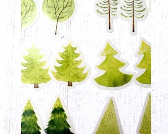 45 evergreen tree stickers, 1"x 1.5" paper tree stickers in watercolor style, 3 each of 15 forest tree designs