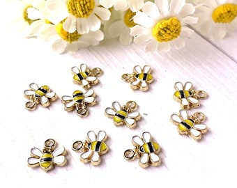 Mini bee charms, 10 pcs, alloy with enamel 10x10mm tiny honeybee charms with loop, garden insect theme charms with light gold finish
