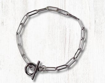 2 charm bracelet blanks, 7" stainless steel textured paperclip link bracelets with toggle clasp, tarnish resistant (L0312)