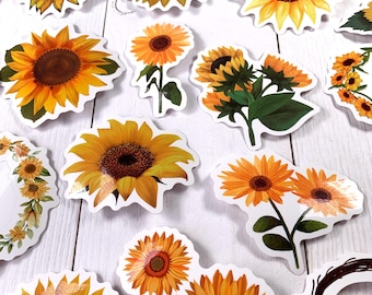 Sunflower sticker pack, 50 assorted waterproof PVC stickers, die cut country sunflowers, yellow flower stickers, junk journals, scrapbooking