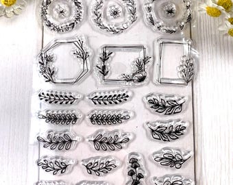 Garland, wreaths, and frames stamp set, 27 small silicone stamps in various botanical patterns, scrapbooking, planner, junk journal, collage