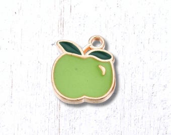 Green apple charm, 10 pcs, 15x13mm alloy with enamel, light gold finish, granny smith apple charms for jewelry and crafts (L0319)