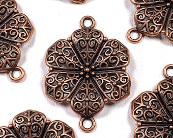 10 antique copper flower filigree connector charms, 40mm flower-shaped alloy links for boho or vintage jewelry making, double loop design