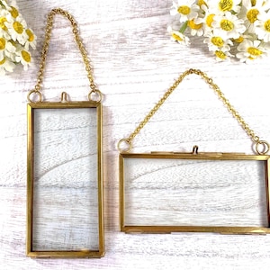 Mini floating frame, hanging frame for pressed flower art, golden brass frame w/ chain, DIY photo ornaments, 1.9x3.9&quot; swing open double pane