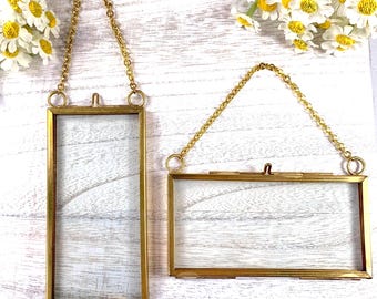 Mini floating frame, hanging frame for pressed flower art, golden brass frame w/ chain, DIY photo ornaments, 1.9x3.9" swing open double pane