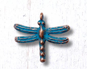10 antique copper dragonfly charms, 24.5x27.5 mm insect alloy charms with blue patina for nature inspired crafts (G0219)