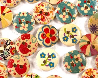 Cute floral springtime wood buttons for button crafts, 15mm wooden 2-hole buttons for button art ornaments, mixed printed designs, 50 pc