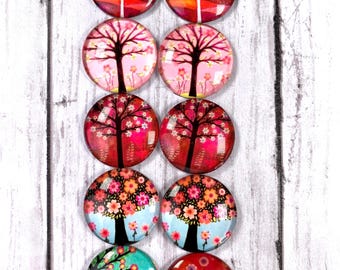 10 folksy trees printed glass cabochons for jewelry, ~30mm round printed flat back cabochon for pendants, glass accents for bezels