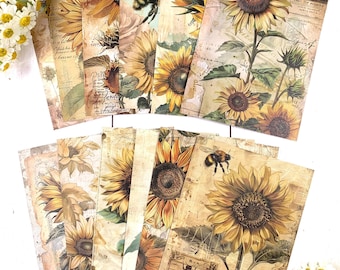 Sunflower scrapbook paper bundle, 12 collage style 3.9x5.7" pages, flowers and bees vintage style decorative paper for junk journals, cards
