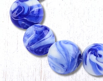Blue and white round beads, 10 pc lampwork glass necklace making supplies, lampwork beads for jewelry, swirl beads for crafting (A0033)