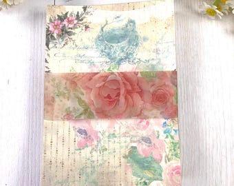 Floral-theme collage style scrapbook paper, 100 5.5x3.9" sheets 50 designs, romantic vintage style rose prints, pink hues with typeface