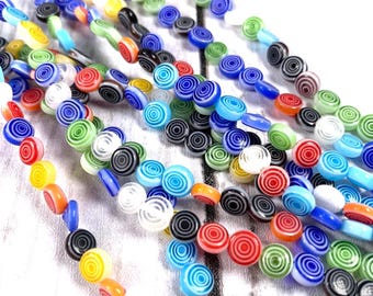 Millefiori glass flat round swirl beads, 6/8/10mm multicolor spiral circles, colorful jewelry making beads with concentric circles (A0028)