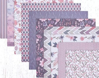 Scrapbook paper bundle, 6x6" 12 designs, 24 sheets, violet shades, prints in floral, stripes, chevrons, leaves