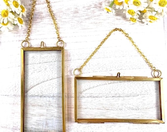Mini floating frame, hanging frame for pressed flower art, golden brass frame w/ chain, DIY photo ornaments, 1.9x3.9" swing open double pane