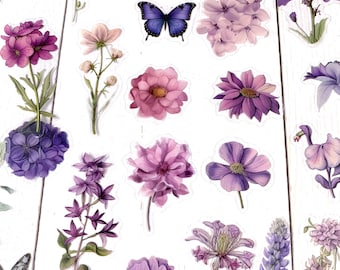 Flower sticker pack, 40-45 flower and leaves die cut nature inspired PET stickers, florals, sprigs, ferns, transparent border .75-2.5"
