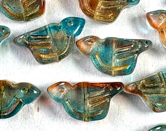 20 glass bird beads with gold wash, 22x11.5mm, copper and blue tones, Czech-style glass sparrow beads, 1mm hole