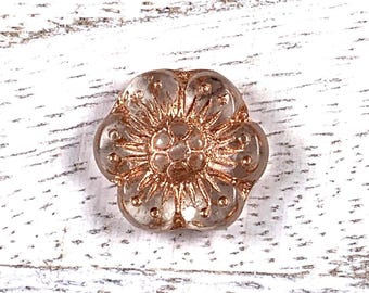 20 pcs Czech glass clear with copper wash flower beads, 13.5mm boho floral beads for jewelry, wild rose beads, anemone flower (A0062)