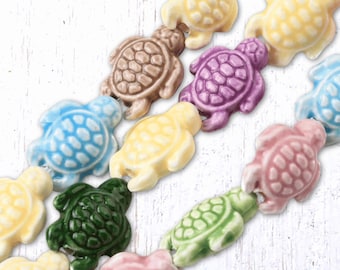 16 porcelain sea turtle beads, 18x14.5mm assorted color glazed ceramic w/ 2mm hole, marine life beads for jewelry (C0146)
