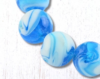 Aqua and white round beads, 10 pcs lampwork glass necklace making supplies, 12-13 mm beads for rosaries, swirl beads for crafting (A0033)