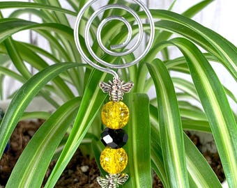 3 bee plant stakes, 5" mini beaded jewelry for potted plants, plant decoration for kitchen, bee lover gift for plant lover, basket stuffers